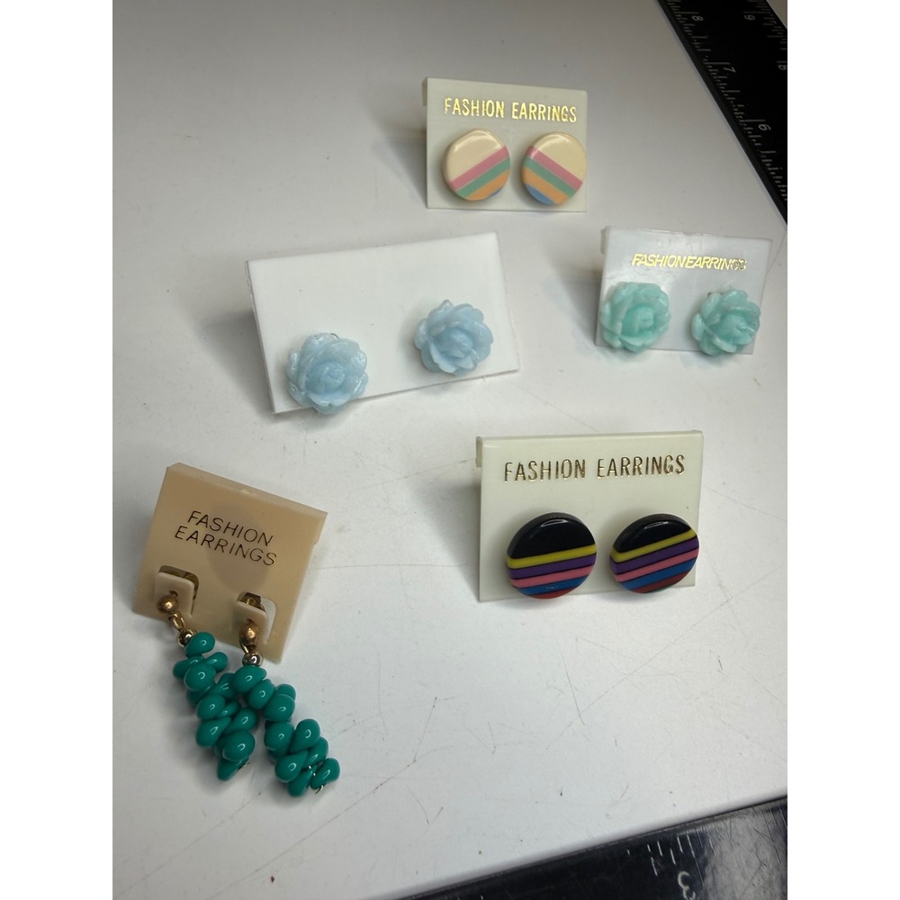 Vintage Fashion Earring Lot 5 Pairs Rose Studs Striped Button Teal Beaded Dangle